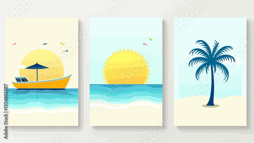 Minimalistic summer posters featuring a boat on ocean waves, the sun, and a palm tree on a sandy beach.