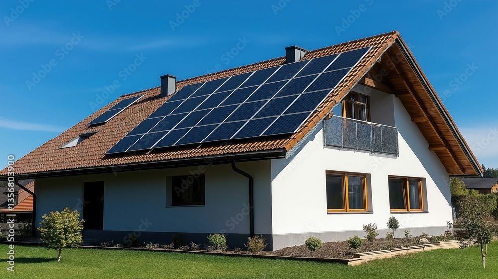Contemporary passive smart house featuring solar panels on the roof, surrounded by a well-maintained garden and clear blue sky. Contemporary passive smart house featuring solar panels on the roof, surrounded by a well-maintained garden and clear blue sky.