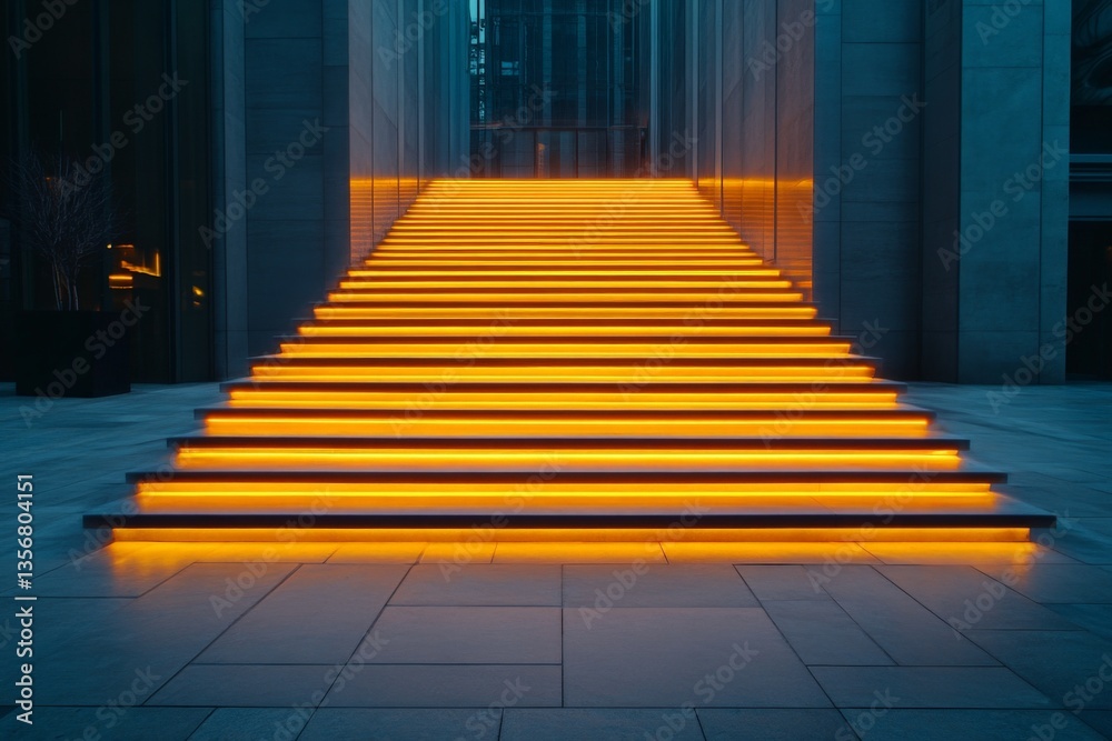 Fototapeta premium Illuminated steps lead to a modern building at dusk, showcasing urban design and architectural beauty