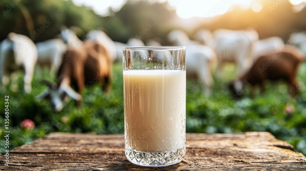Creamy goat milk in a glass on rustic table with grazing goats in sunlight Creamy goat milk in a glass on rustic table with grazing goats in sunlight