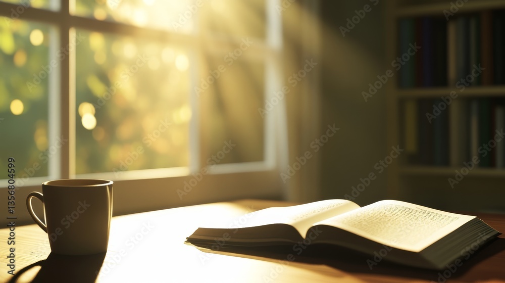 Fototapeta premium A serene morning scene featuring an open book and a steaming cup of coffee on a wooden table, with sunlight filtering through a window, casting warm light and creating a peaceful atmosphere