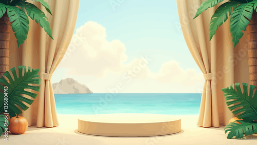 Elegant tropical beach scene with curtains framing a sandy stage and ocean backdrop under clear skies.
