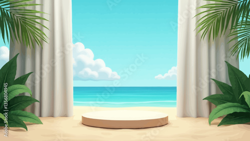 Tropical beach setup with curtains, palm leaves, a sandy stage, and bright turquoise ocean under a clear sky.
