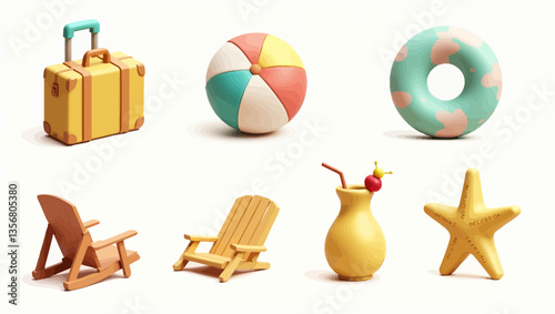 Colorful 3D summer vacation icons set featuring luggage, beach ball, float ring, beach chairs, cocktail, and starfish.