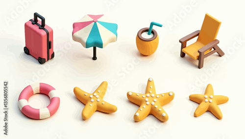 Playful 3D summer beach icons with colorful luggage, umbrella, coconut drink, chairs, float ring, and starfish.