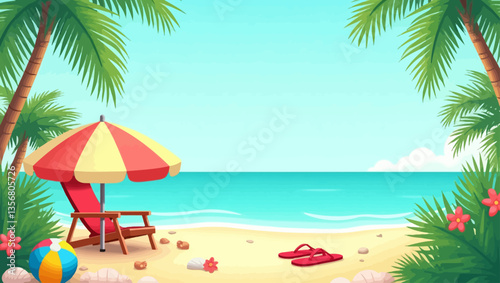 Vibrant tropical beach with red umbrella, beach chair, ball, flip-flops, flowers, and palm trees against ocean view.