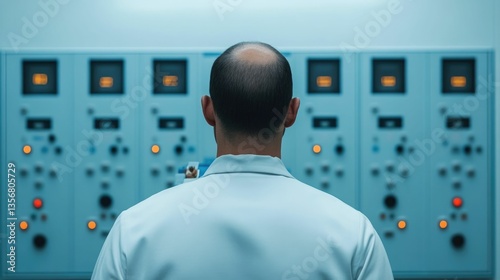 Industrial Technician Inspecting and Monitoring Control Panel on Factory Floor  Worker Performing Diagnostic Checks and Maintenance of Electrical Systems and Machinery in Manufacturing Facility