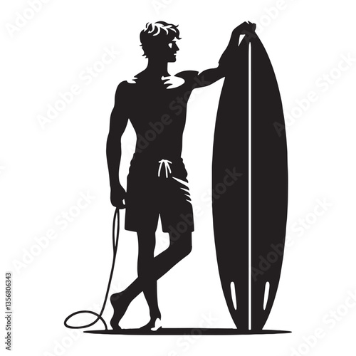 Majestic Surfer silhouette, standing tall against a mighty wave – Surfer illustration – Minimalist Surfer vector – Nature’s challenge

