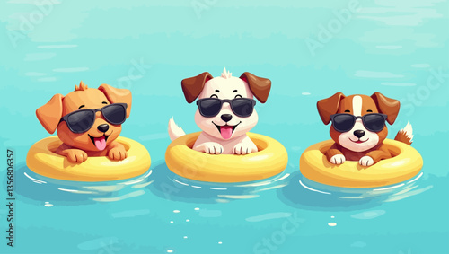 Three cute cartoon dogs floating on yellow swim rings with sunglasses in a sunny swimming pool.