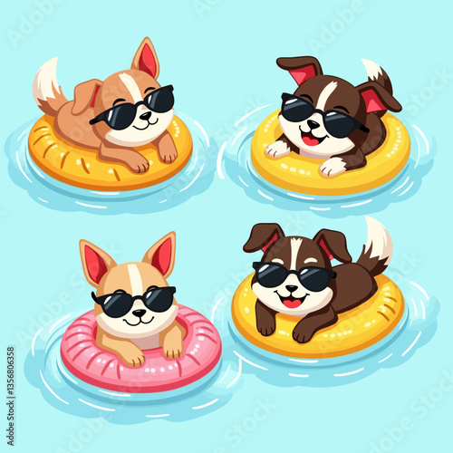 Four cartoon dogs in sunglasses lounging on colorful swim rings, floating happily in a pool.