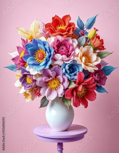 A vase filled with colorful flowers sits on a table