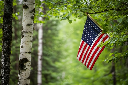 An american flag hanging on the side of trees in the forest