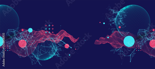 Science fiction background. Abstract image of wireframe wave and sphere with plexus effect.