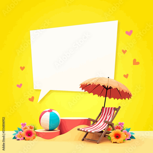 Summer beach scene with umbrella, chair, beach ball and flowers on a yellow background with empty speech bubble.