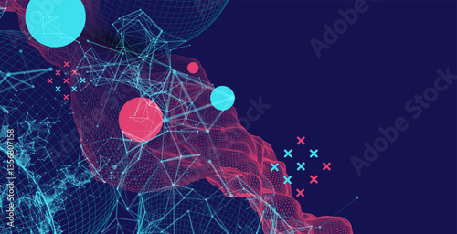 Science fiction background. Abstract image of wireframe wave and sphere with plexus effect.