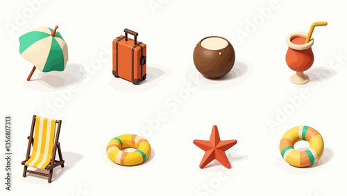 Isometric summer icon collection with umbrella, suitcase, float rings and coconut drinks on sand.