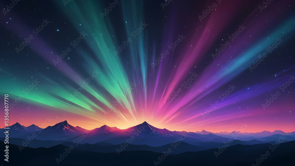 Obraz premium Colorful aurora borealis illuminating snowy mountain range at sunset