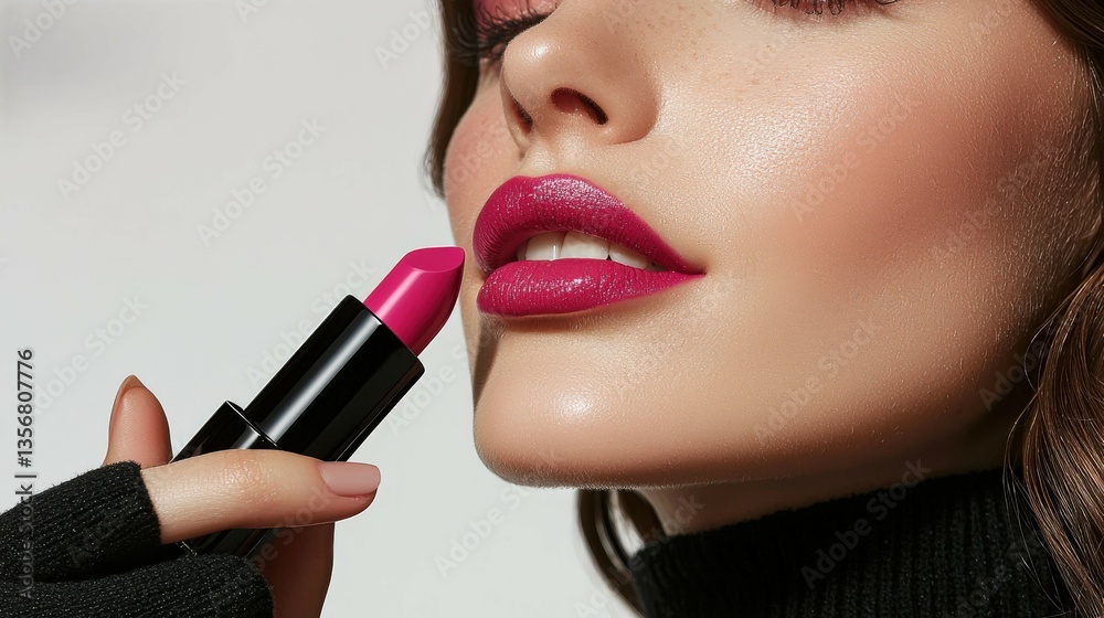 Obraz premium Vibrant lipstick held by well-groomed hand against a clean white wall background