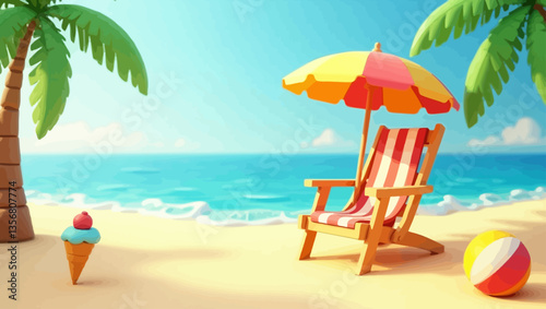 Seaside view with palm trees, colorful beach umbrella, chair, ball and ice cream in warm sunny setting.