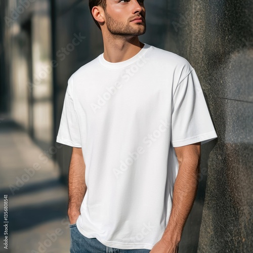 A man wearing a plain white t shirt posing outdoors