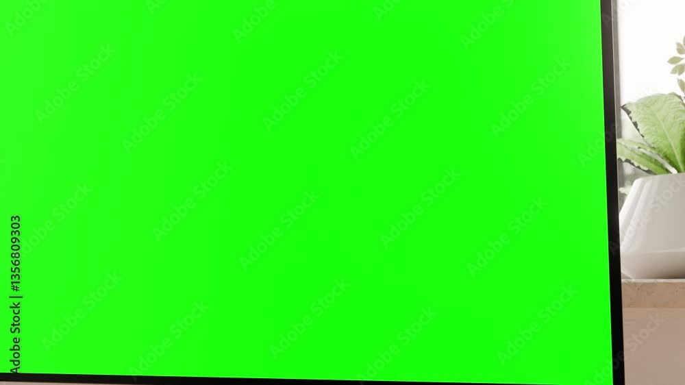 Computer all in one with a green screen monitor, highlighting a clean work environment with natural light and greenery. A Close-up on the right edge of the monitor.