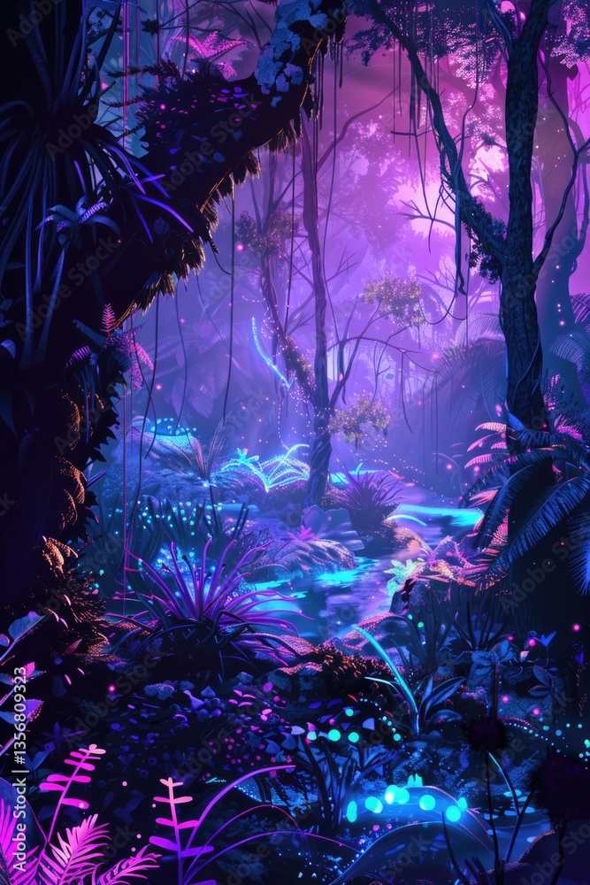 Fototapeta premium Mystical bioluminescent jungle with glowing flora and ethereal purple mist creating magical fantasy landscape background