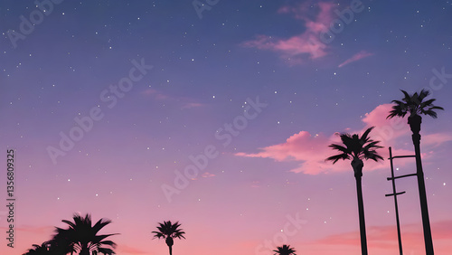 Palm trees silhouettes standing out against beautiful pink and purple starry sky at sunset