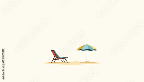 Simple beach setup with umbrella and beach chair on sand, minimal summer composition on white background.