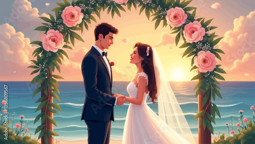 Romantic beach wedding at sunset with bride and groom standing under floral arch and golden sky behind.