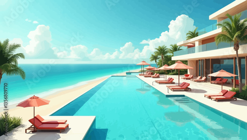 Luxurious beachfront hotel with infinity pool, palm trees and sunbeds facing the ocean under a bright blue sky.
