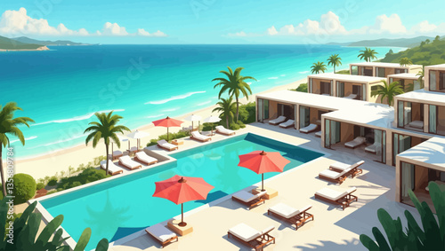 Oceanfront resort with red umbrellas, palm trees, sunbeds and infinity pool overlooking the turquoise beach.