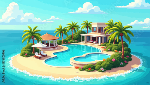 Private island resort with swimming pool, beach hut, palm trees and tropical garden surrounded by turquoise sea.