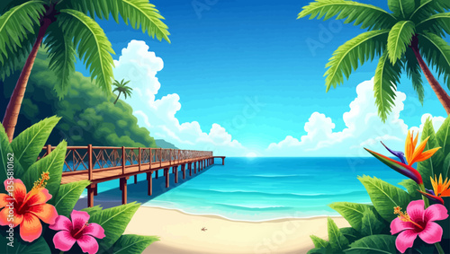  Tranquil tropical beach with long wooden pier, framed by vibrant flowers and lush palm trees under clear blue sky.