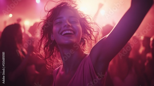 Woman is joyfully dancing in a crowd with pink lighting