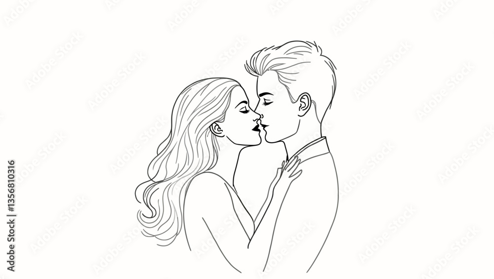 Minimalist line drawing of a romantic couple about to kiss, simple black sketch on white background. Minimalist line drawing of a romantic couple about to kiss, simple black sketch on white background.