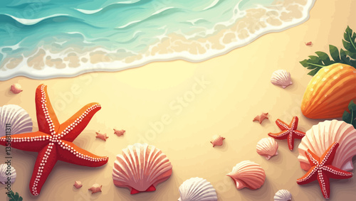Empty sandy beach with sea shells and starfish near water, offering clean space for text or design placements.