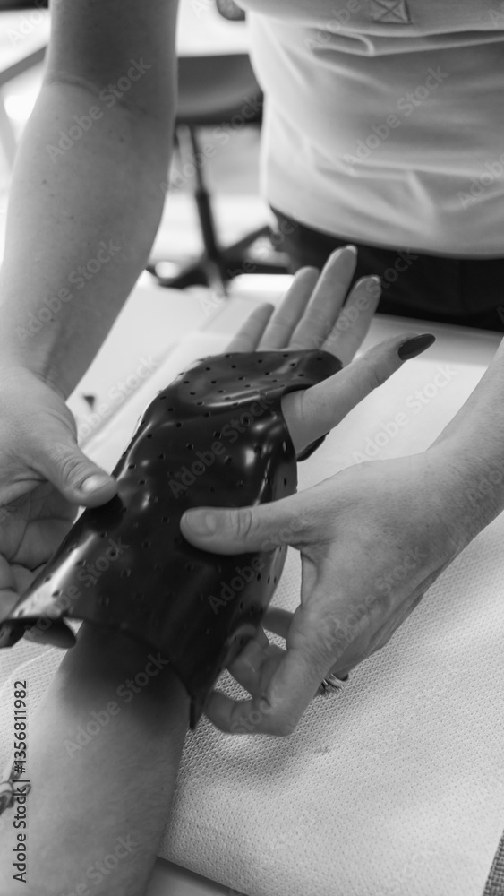 Medical therapist adjusting a hand splint for a girl in a rehabilitation clinic