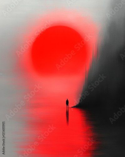 A painterly piece where bold red shapes float over a misty, mood-soaked canvas in deep twilight