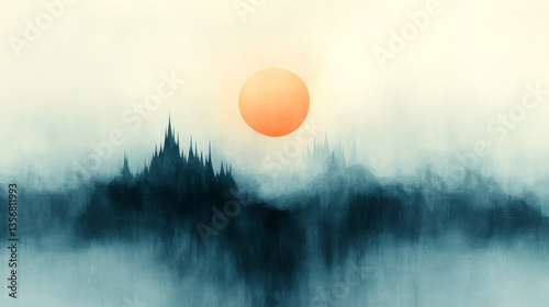 An enigmatic blend of bold aesthetics set against a blurred, moody abstract landscape in cool earth