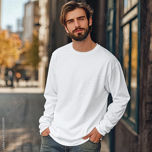 Young man in white long sleeve t-shirt on color background. Mockup for design