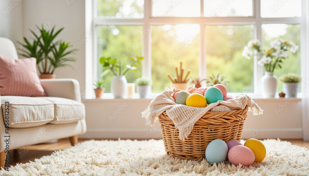 Colorful Easter eggs in a basket on cozy carpet, festive celebration