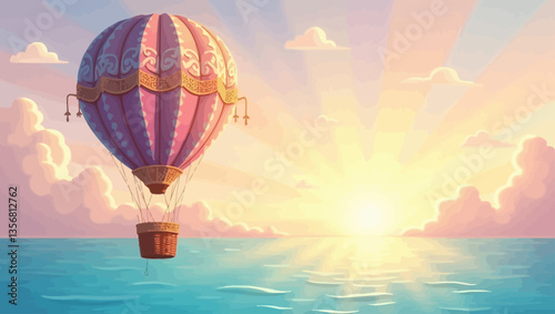 Purple hot air balloon floating gently over tranquil ocean under a glowing golden sunrise and dreamy cloudscape.