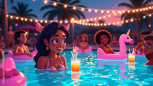 Group of friends enjoying a vibrant pool party at night with string lights, drinks, and tropical atmosphere.