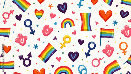 Bright pattern of pride symbols, hearts, flags, and gender icons on a white background celebrating LGBTQ+ pride.