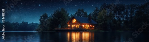 Illuminated Lake House at Night Under a Starry Sky