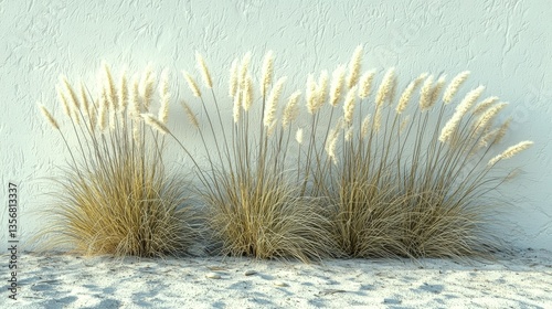 Blue grama grass thrives against modern white stucco wall highlighting delicate seed heads