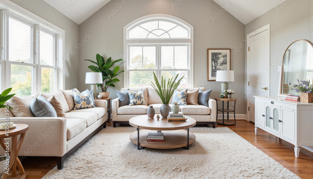 Fototapeta premium Stylish contemporary living room design showcasing elegant decor, home makeover