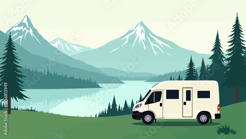 Minimal vector of a camper van parked near a serene mountain lake, perfect for travel and outdoor adventure concepts.
