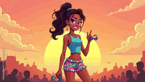 Stylish girl character giving peace sign under sunset sky, symbolizing joy, summer energy, and playful expression.