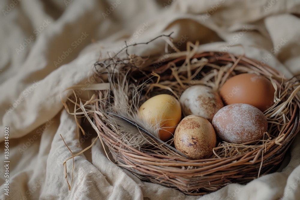 Obraz premium Close-up of wicker basket filled with daffodils and decorated Easter eggs on rustic wooden table.